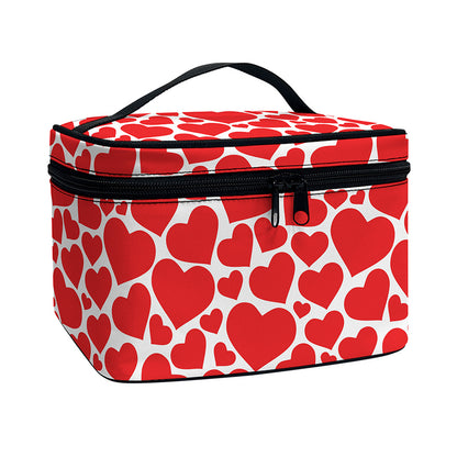 Red And White Heart Pattern Print Travel Makeup Bag