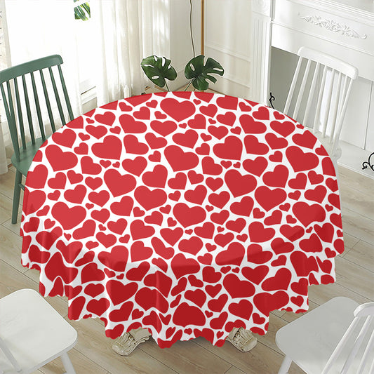 Red And White Heart Pattern Print Waterproof Round Tablecloth