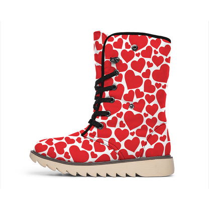Red And White Heart Pattern Print Winter Boots