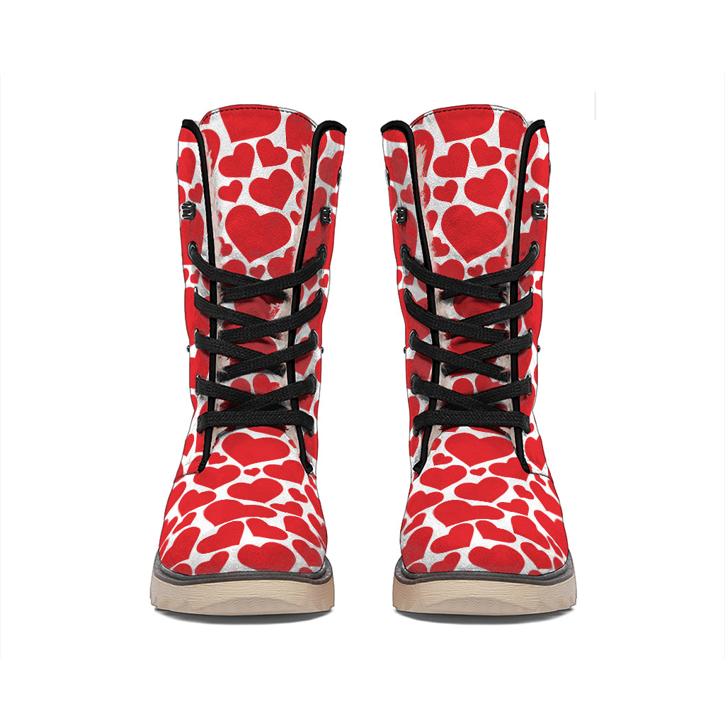 Red And White Heart Pattern Print Winter Boots