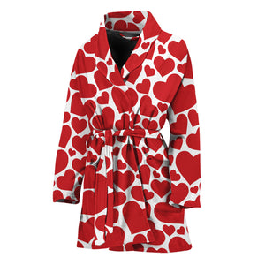 Red And White Heart Pattern Print Women's Bathrobe