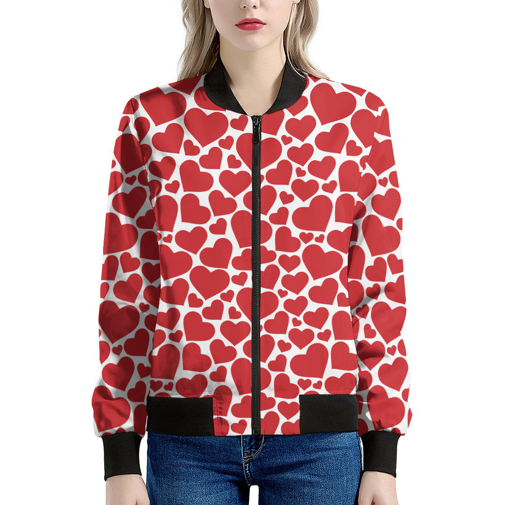 Red And White Heart Pattern Print Women's Bomber Jacket