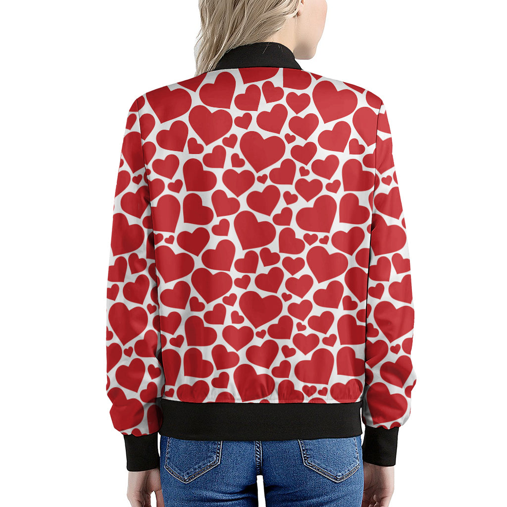 Red And White Heart Pattern Print Women's Bomber Jacket