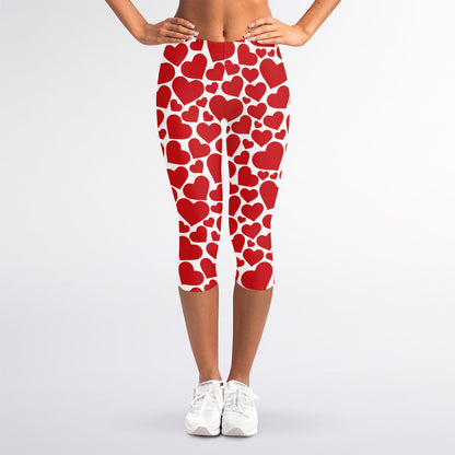 Red And White Heart Pattern Print Women's Capri Leggings
