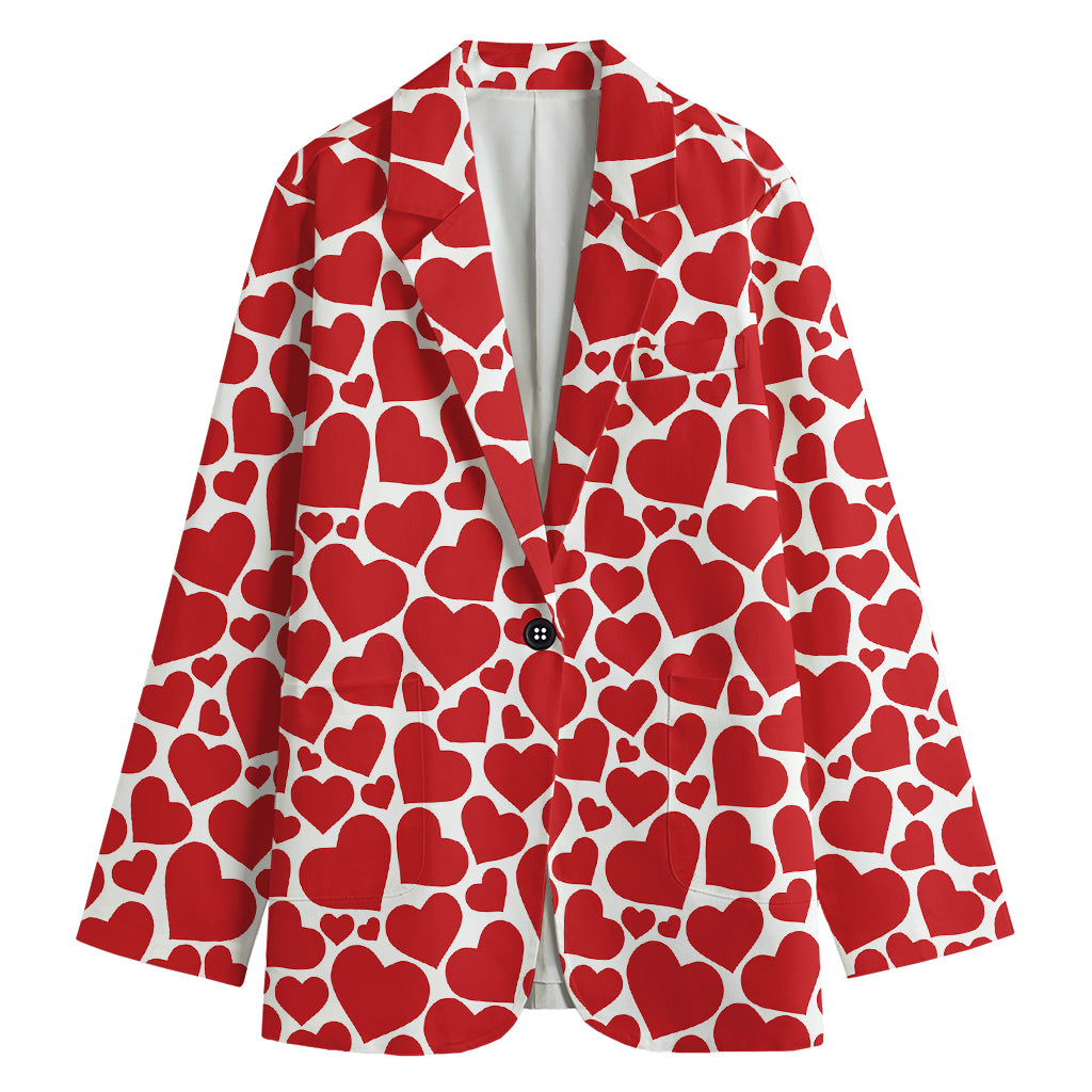 Red And White Heart Pattern Print Women's Cotton Blazer