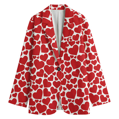 Red And White Heart Pattern Print Women's Cotton Blazer