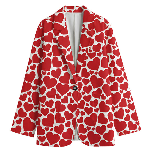 Red And White Heart Pattern Print Women's Cotton Blazer