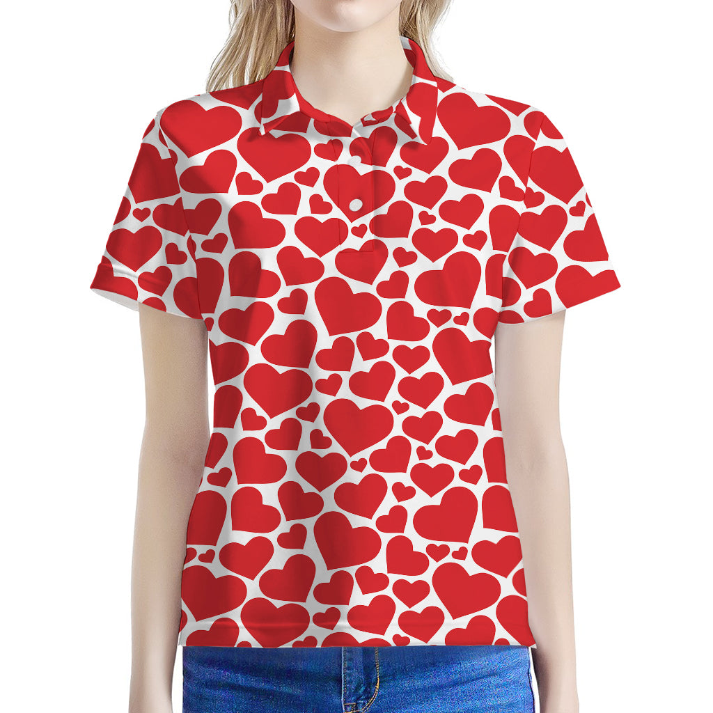 Red And White Heart Pattern Print Women's Polo Shirt