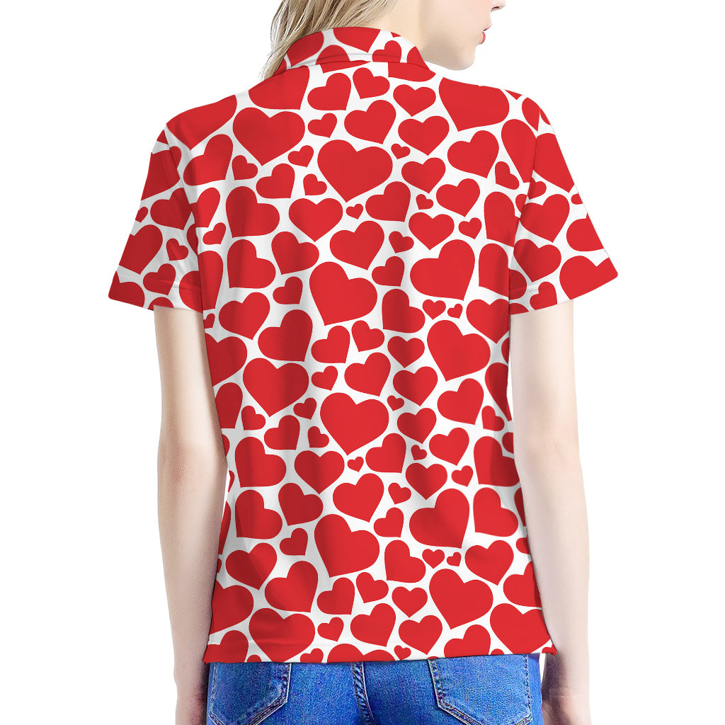 Red And White Heart Pattern Print Women's Polo Shirt