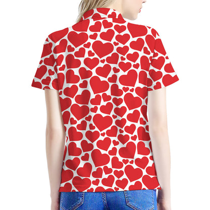 Red And White Heart Pattern Print Women's Polo Shirt