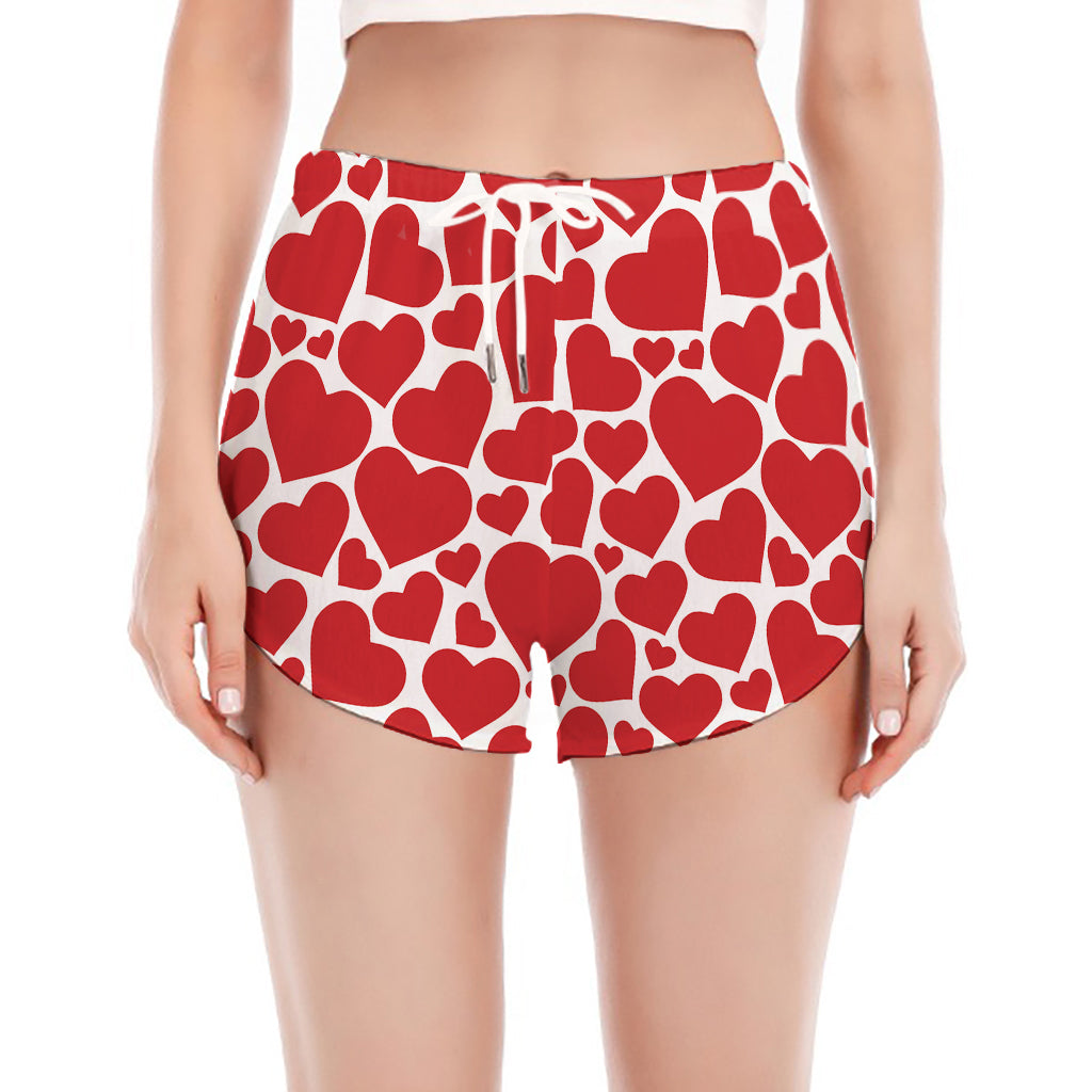 Red And White Heart Pattern Print Women's Split Running Shorts