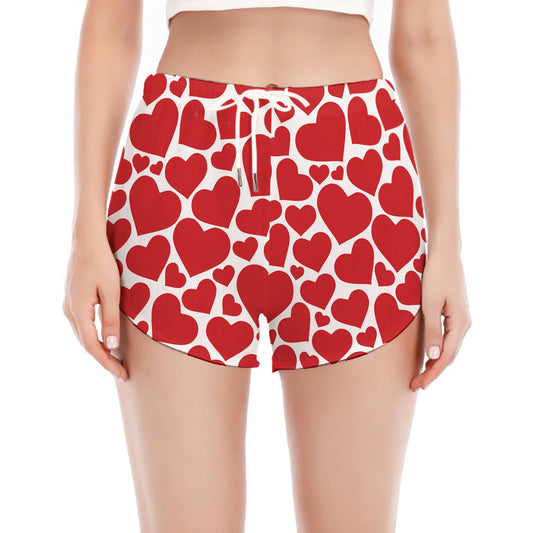 Red And White Heart Pattern Print Women's Split Running Shorts