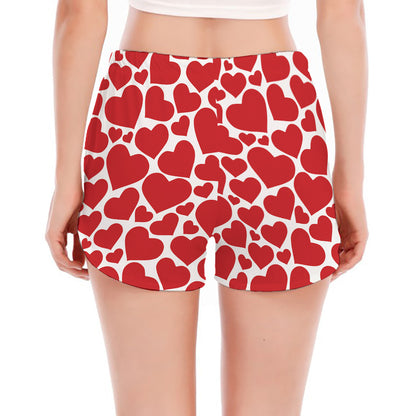 Red And White Heart Pattern Print Women's Split Running Shorts