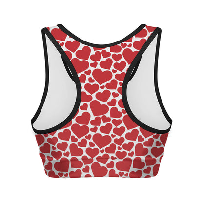 Red And White Heart Pattern Print Women's Sports Bra