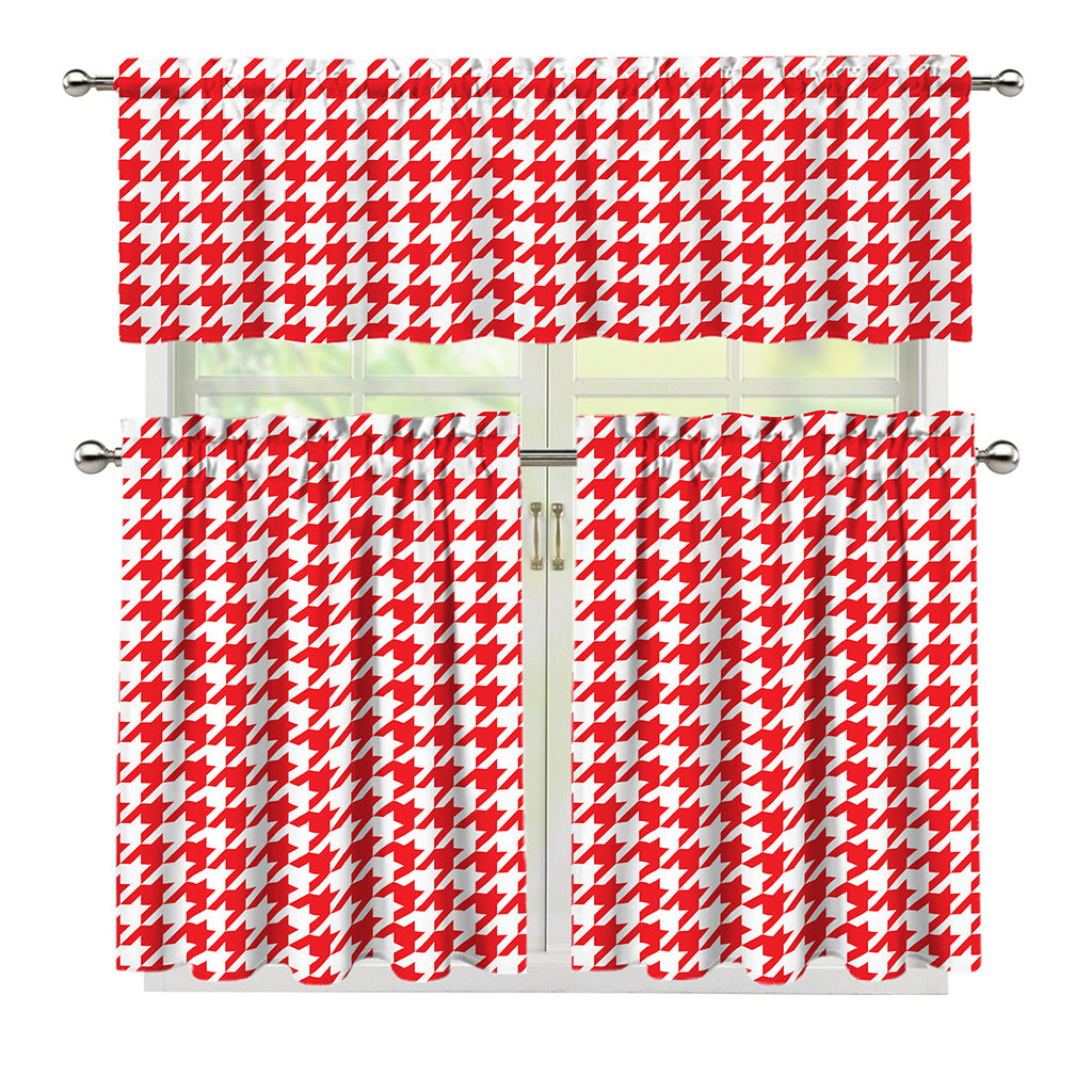 Red And White Houndstooth Pattern Print 3 Piece Kitchen Curtains