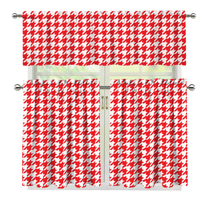 Red And White Houndstooth Pattern Print 3 Piece Kitchen Curtains