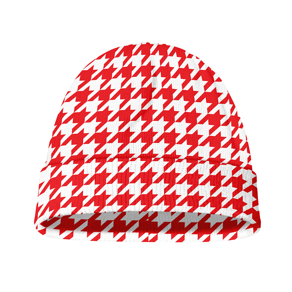 Red And White Houndstooth Pattern Print Beanie