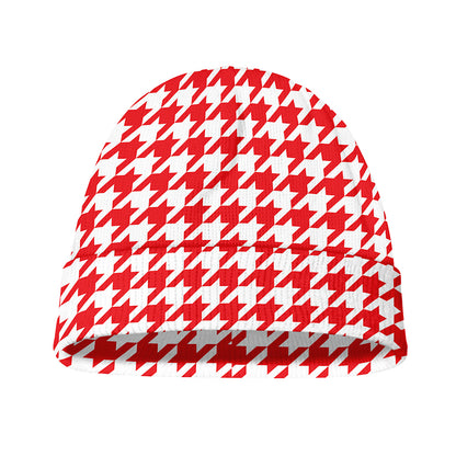 Red And White Houndstooth Pattern Print Beanie