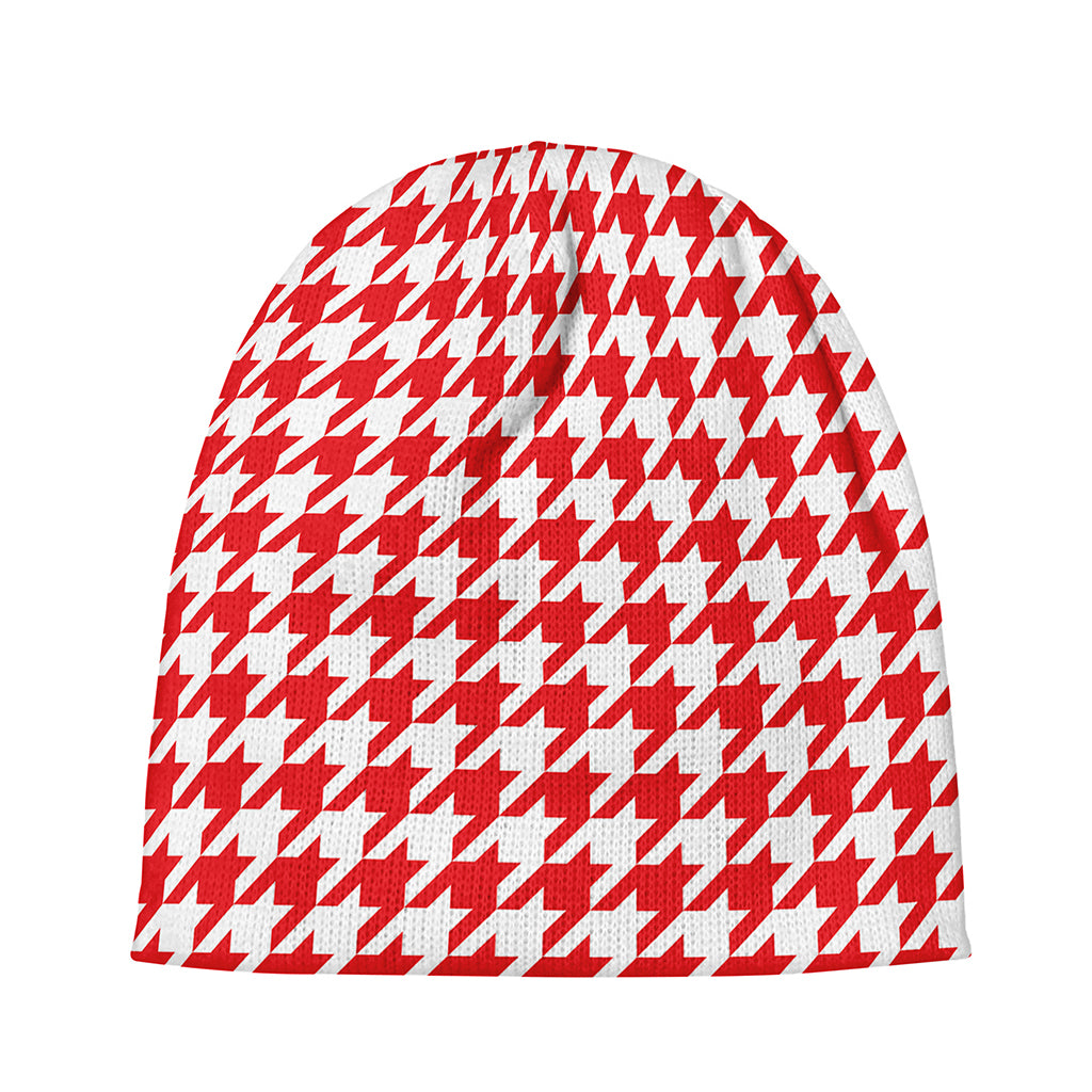 Red And White Houndstooth Pattern Print Beanie