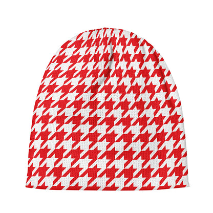 Red And White Houndstooth Pattern Print Beanie