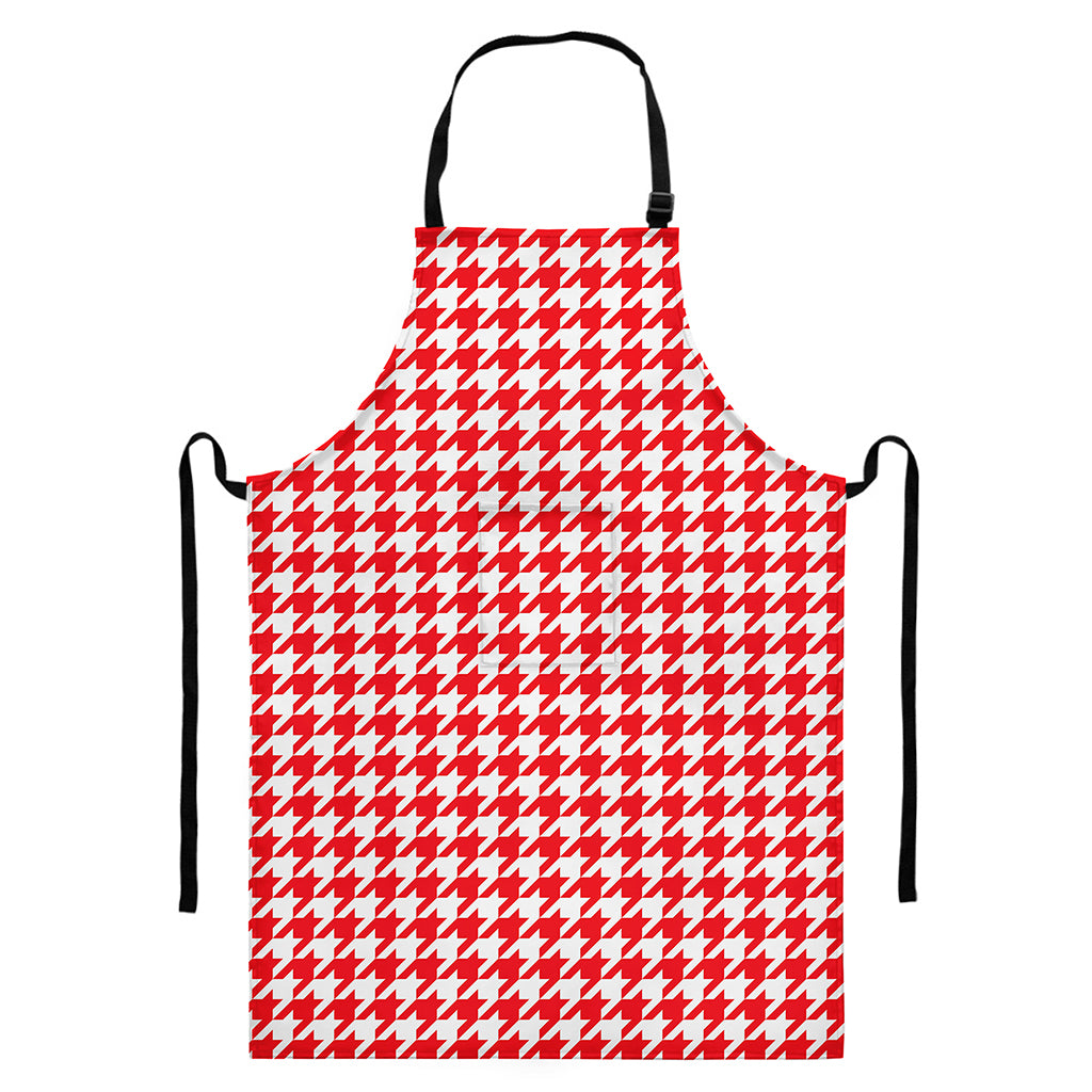 Red And White Houndstooth Pattern Print Bib Apron With Pocket