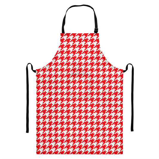 Red And White Houndstooth Pattern Print Bib Apron With Pocket