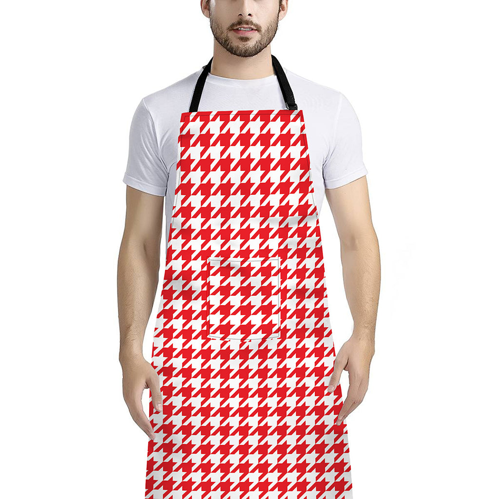 Red And White Houndstooth Pattern Print Bib Apron With Pocket