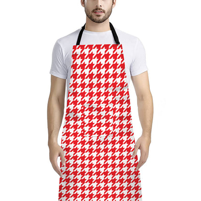 Red And White Houndstooth Pattern Print Bib Apron With Pocket