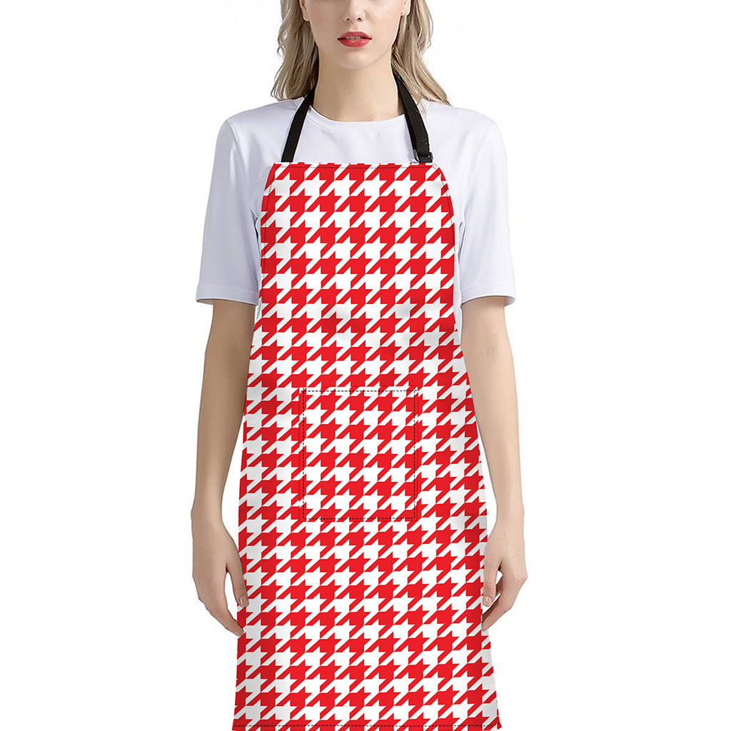 Red And White Houndstooth Pattern Print Bib Apron With Pocket