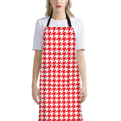Red And White Houndstooth Pattern Print Bib Apron With Pocket