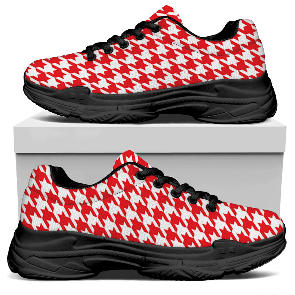 Red And White Houndstooth Pattern Print Black Chunky Shoes