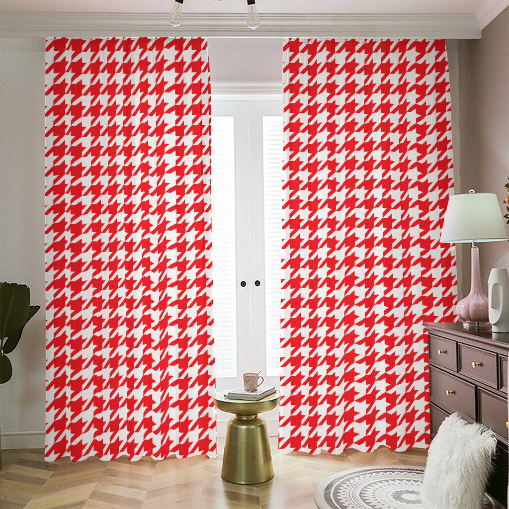 Red And White Houndstooth Pattern Print Blackout Pencil Pleat Curtains