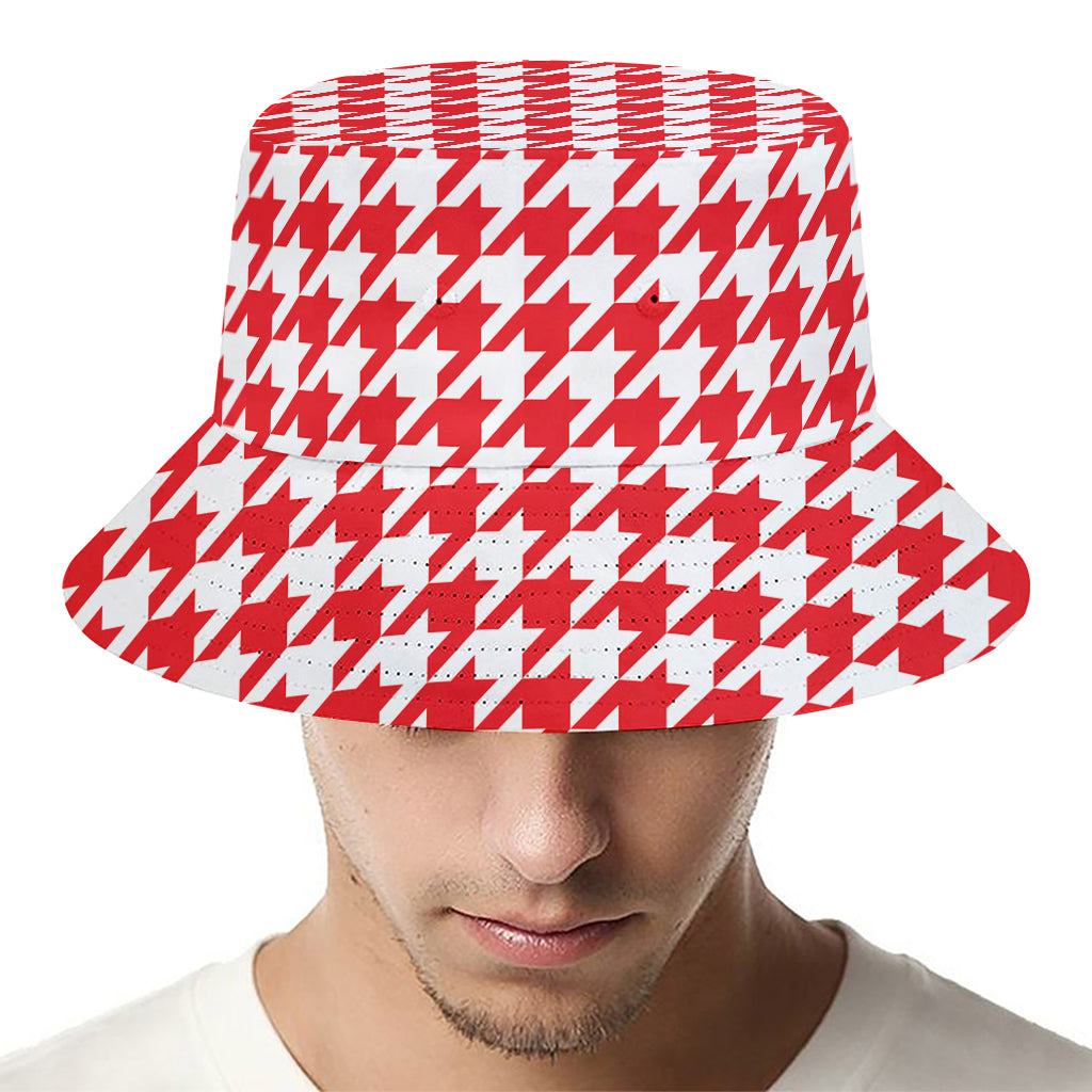 Red And White Houndstooth Pattern Print Bucket Hat