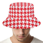 Red And White Houndstooth Pattern Print Bucket Hat