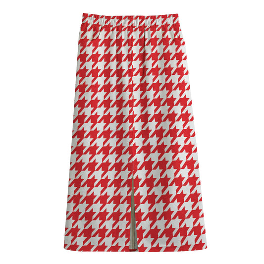 Red And White Houndstooth Pattern Print Cotton Front Slit Maxi Skirt