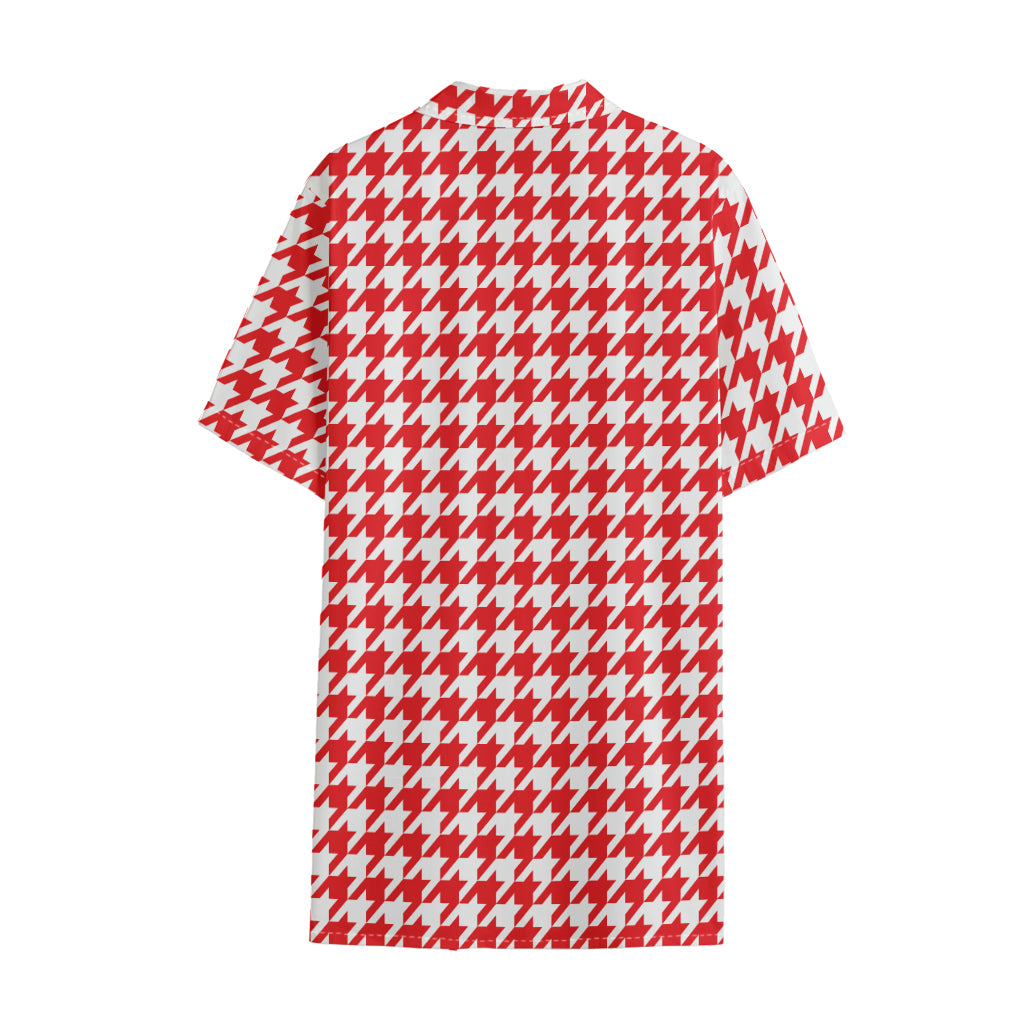 Red And White Houndstooth Pattern Print Cotton Hawaiian Shirt
