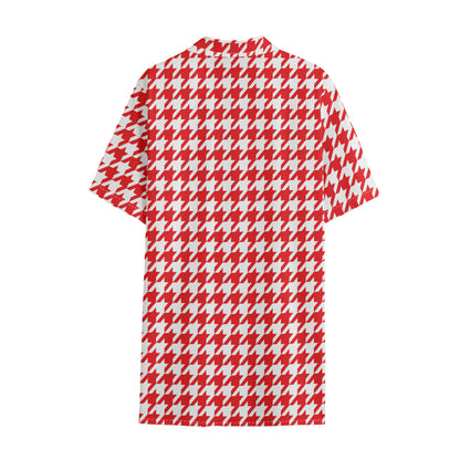 Red And White Houndstooth Pattern Print Cotton Hawaiian Shirt