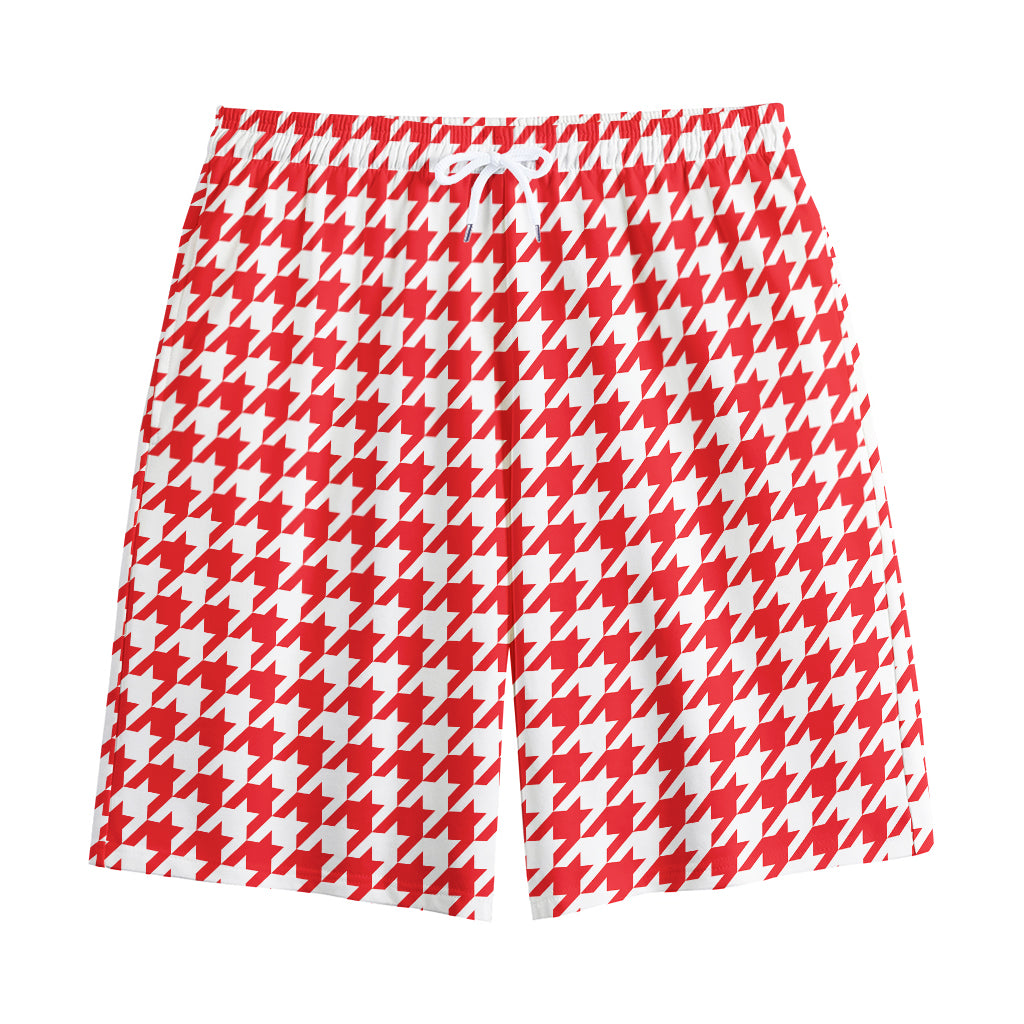 Red And White Houndstooth Pattern Print Cotton Shorts