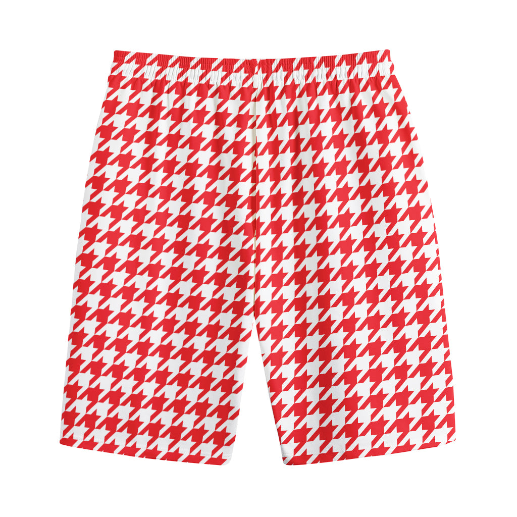 Red And White Houndstooth Pattern Print Cotton Shorts