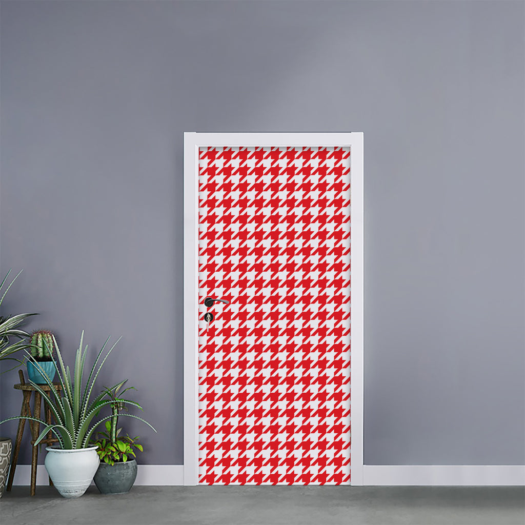 Red And White Houndstooth Pattern Print Door Sticker