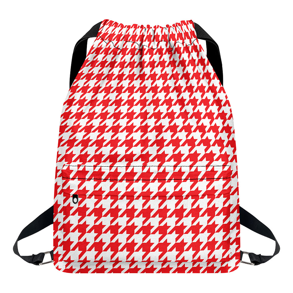 Red And White Houndstooth Pattern Print Drawstring Backpack