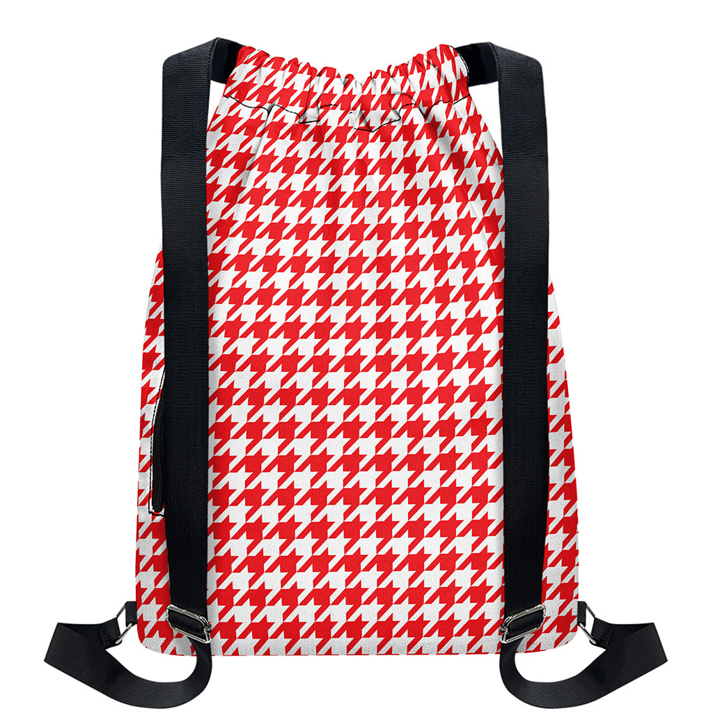 Red And White Houndstooth Pattern Print Drawstring Backpack