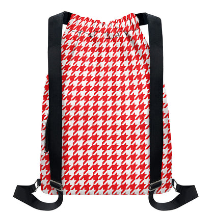 Red And White Houndstooth Pattern Print Drawstring Backpack
