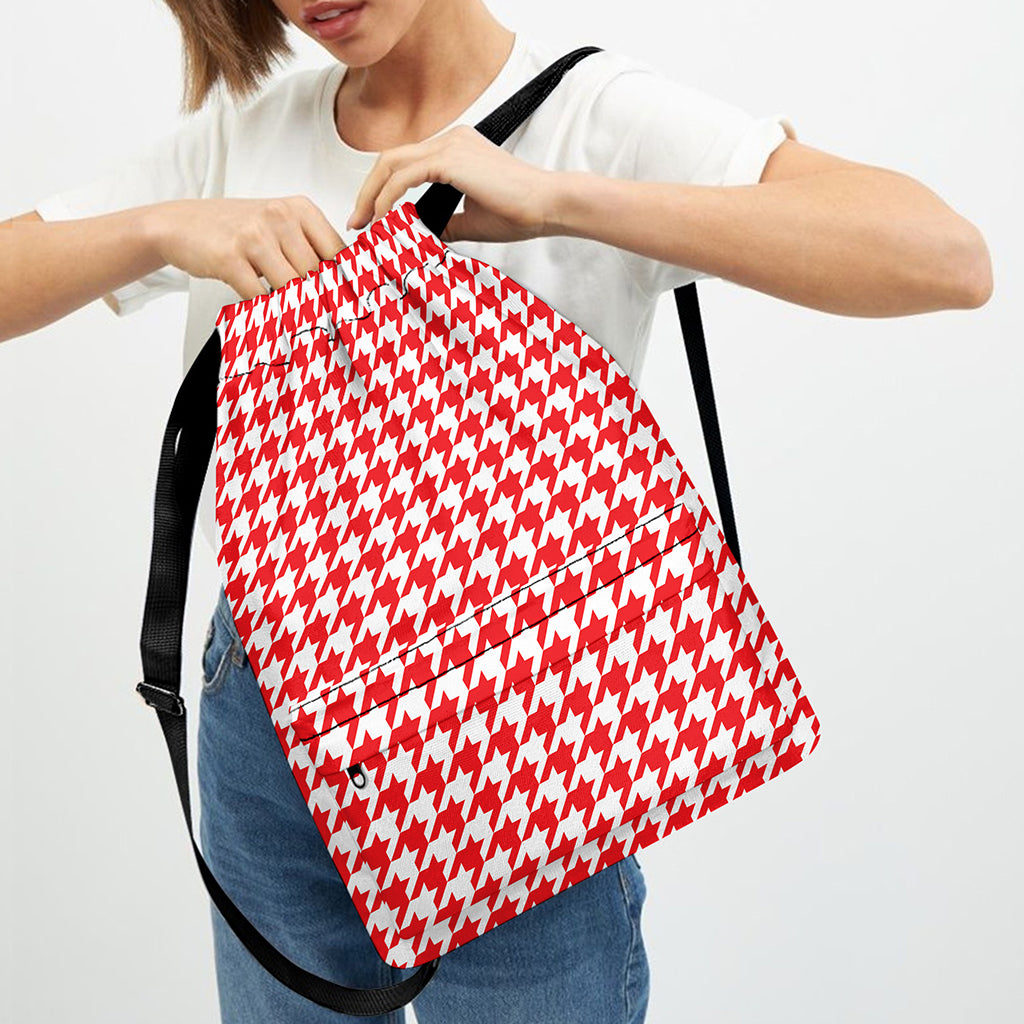 Red And White Houndstooth Pattern Print Drawstring Backpack