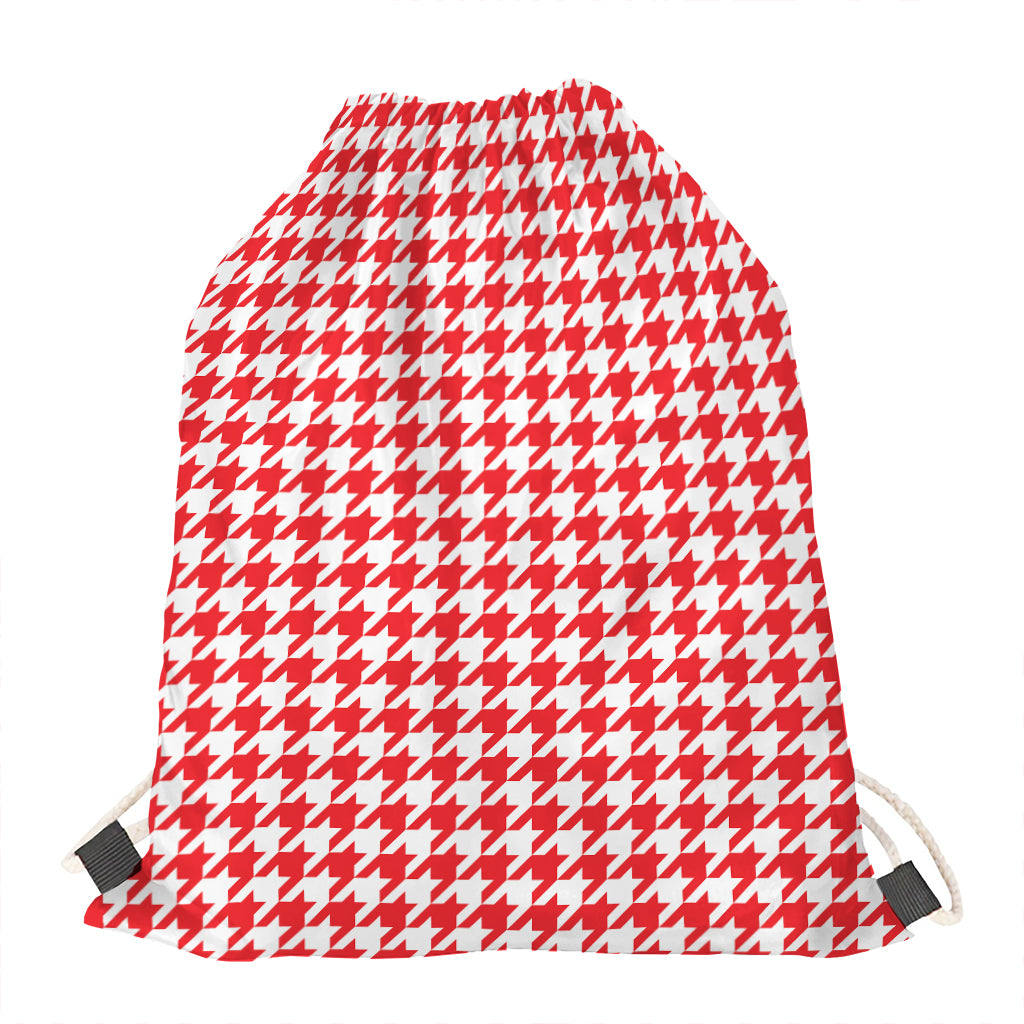 Red And White Houndstooth Pattern Print Drawstring Bag