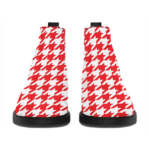 Red And White Houndstooth Pattern Print Flat Ankle Boots