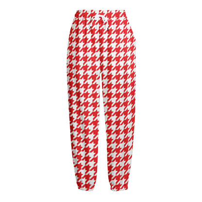 Red And White Houndstooth Pattern Print Fleece Lined Knit Pants