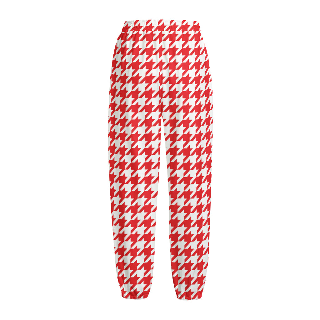 Red And White Houndstooth Pattern Print Fleece Lined Knit Pants