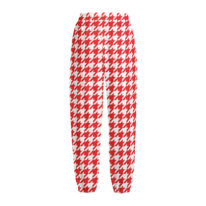 Red And White Houndstooth Pattern Print Fleece Lined Knit Pants