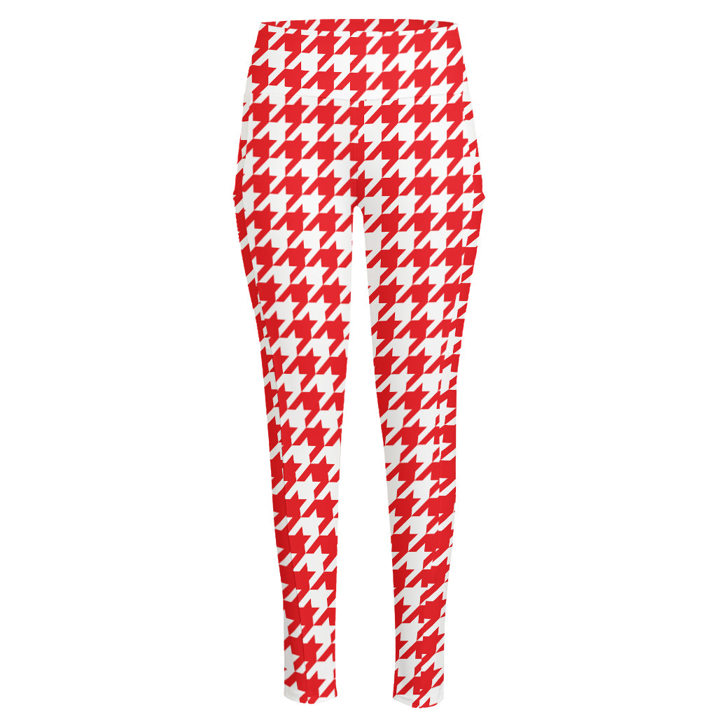 Red And White Houndstooth Pattern Print High-Waisted Pocket Leggings